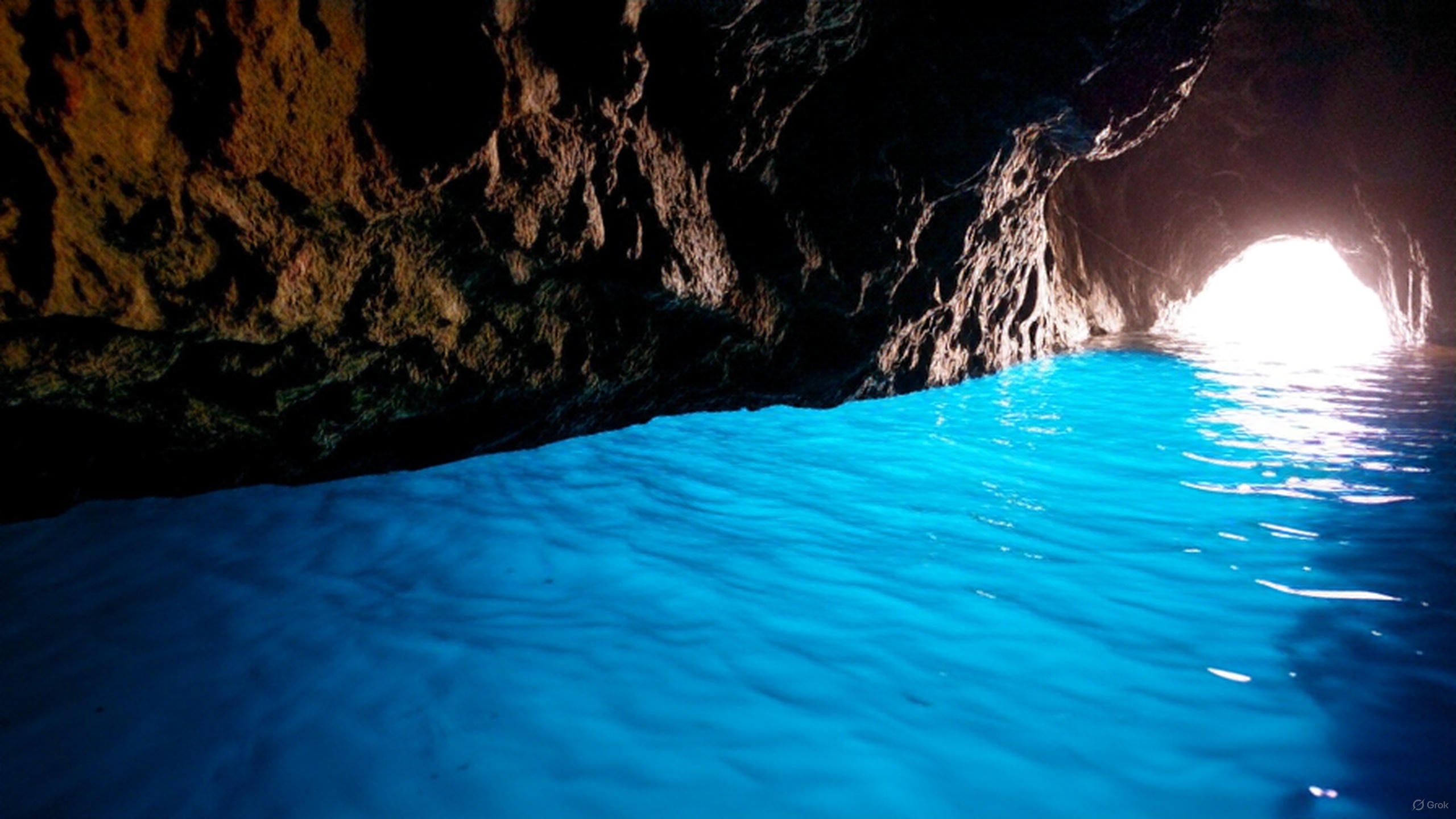 Inside view of Capri’s Blue Grotto showing sunlight illuminating the water in brilliant blue tones