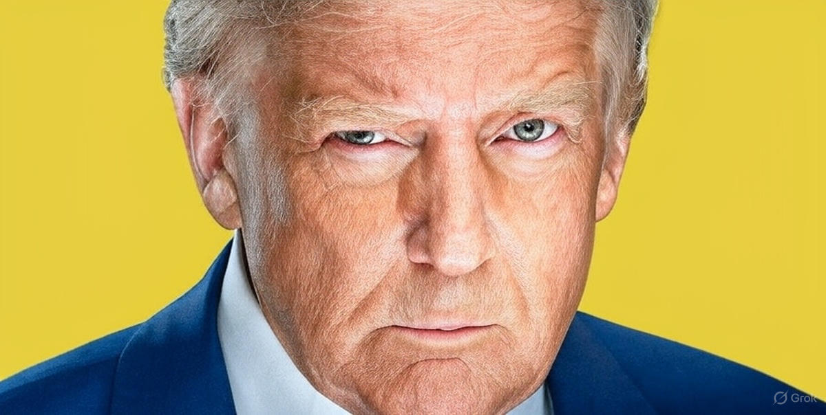 U.S. President Donald Trump portrait with stern expression in Oval Office, reflecting historic 2024 election victory
