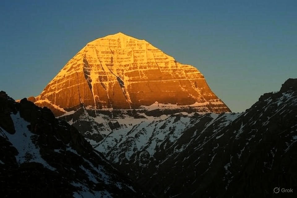 Golden alpenglow over sacred Mount Kailash during early morning sunrise on Tibetan Plateau