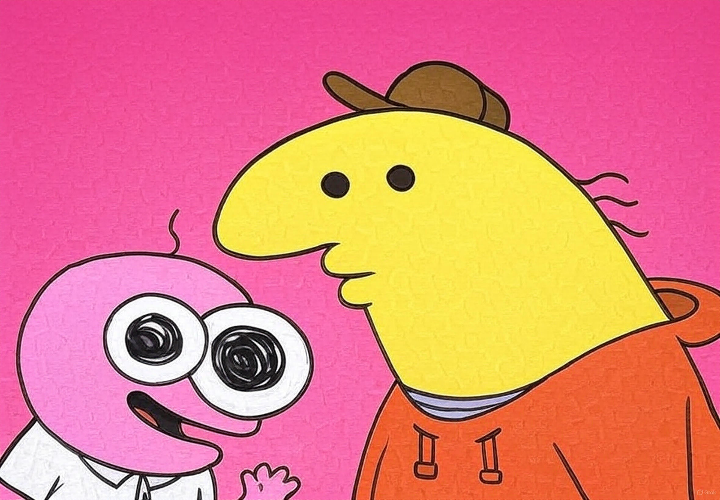 Season finale artwork of Smiling Friends showing Pim and Charlie in surreal, emotion-filled scenes