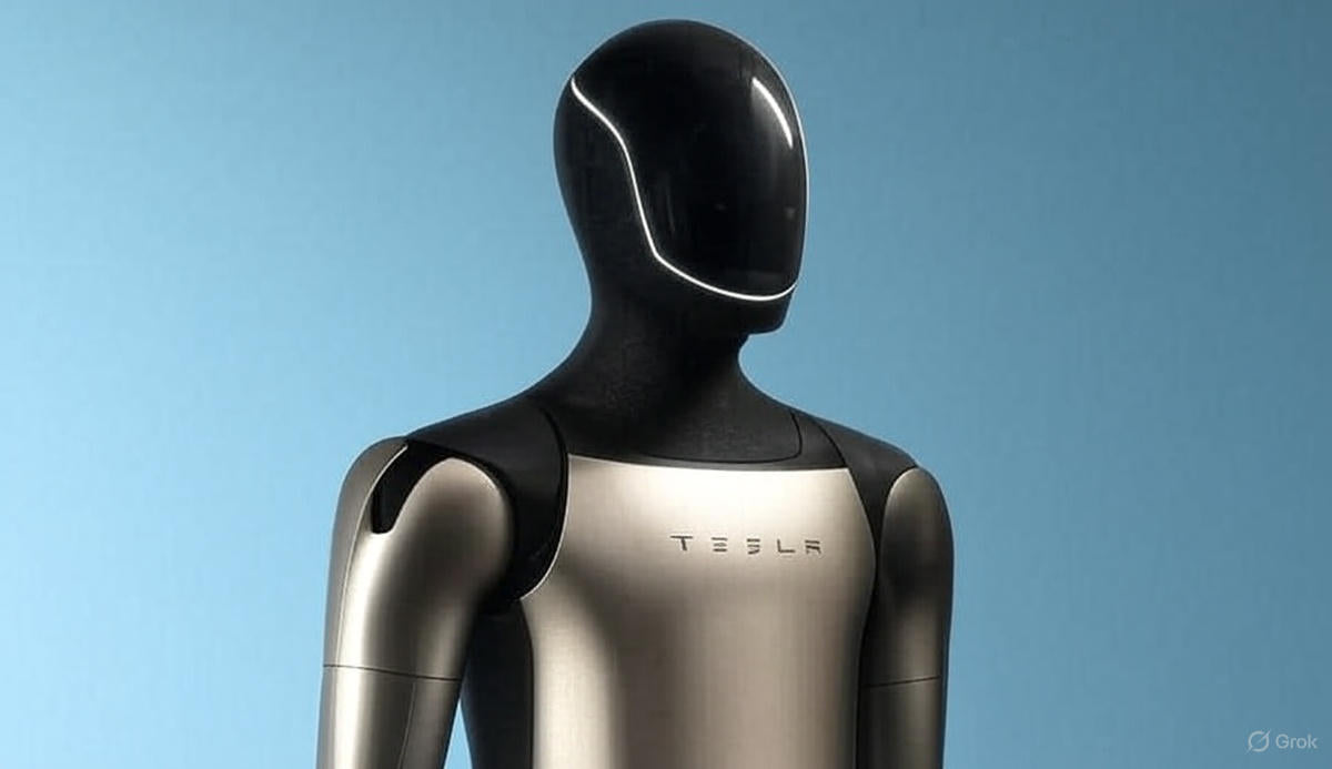 Optimus robot walking smoothly through a NYC plaza as Tesla showcases the future of humanoid robotics.